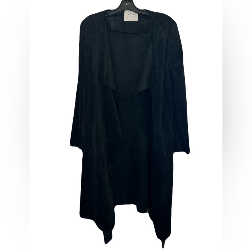 Faux suede open front jacket with wrap tie closure.